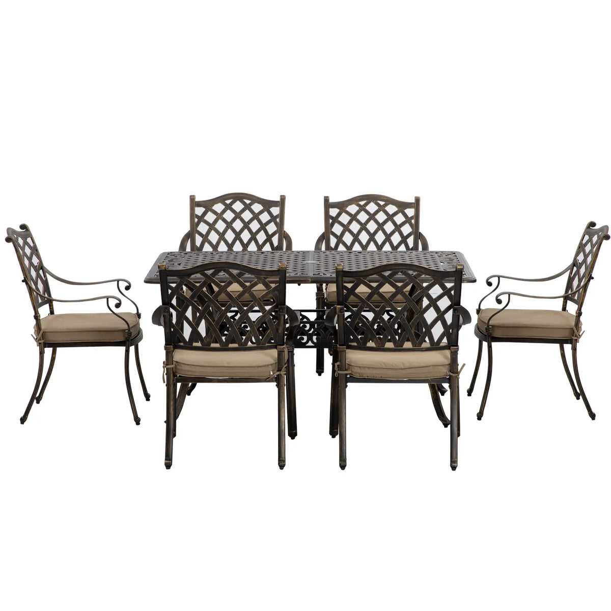 7 Piece Cast Aluminum Patio Dining Set with 6 Chairs, Rectangular Table, Khaki Bistro Sets at Gallery Canada