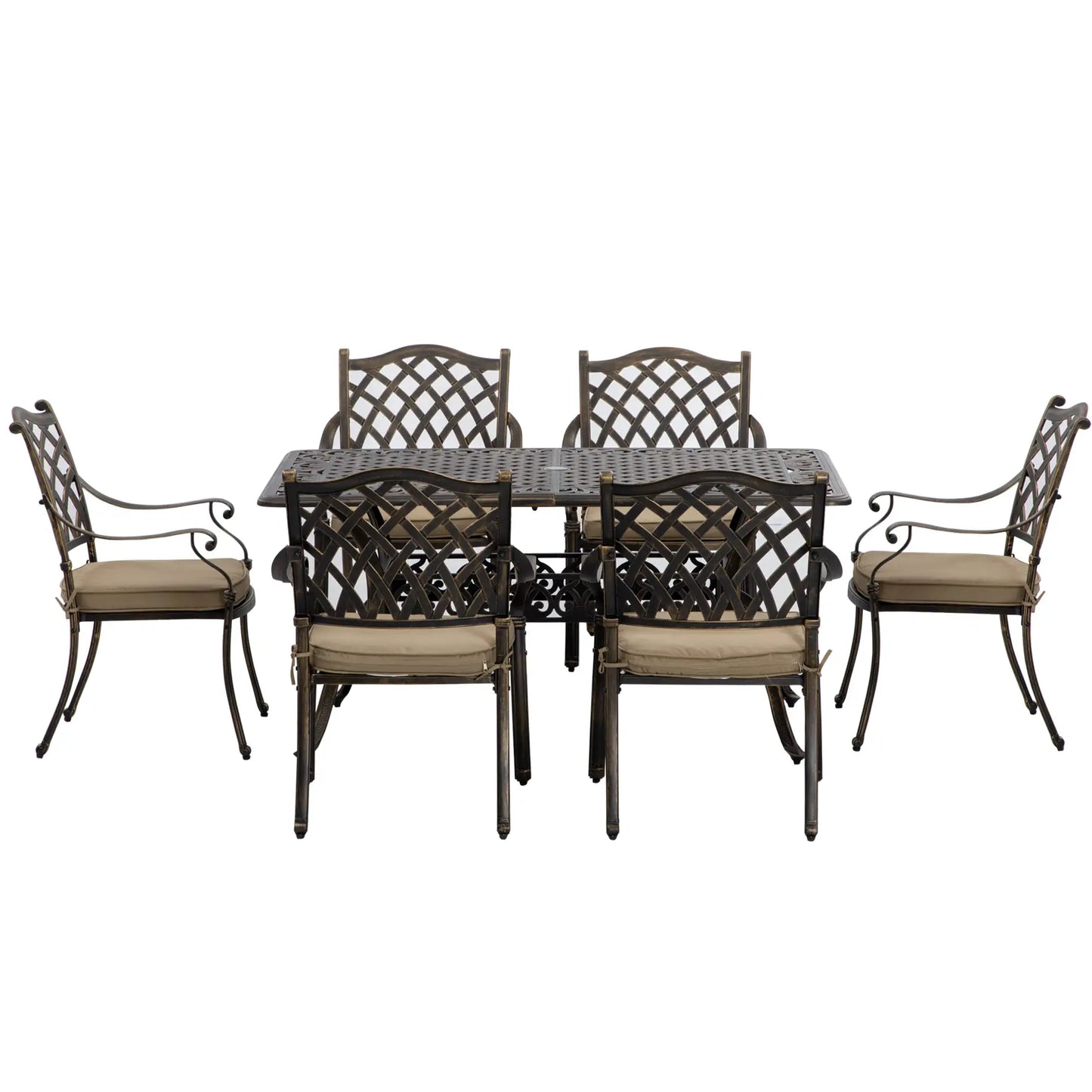 7-Piece Patio Dining Set, Cast Aluminum, 6 Cushioned Chairs, Rectangle Table, Khaki Bistro Sets at Gallery Canada