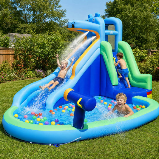 Hippo Inflatable Water Slide, Climbing Wall, 680W Blower Bounce House Options at Gallery Canada