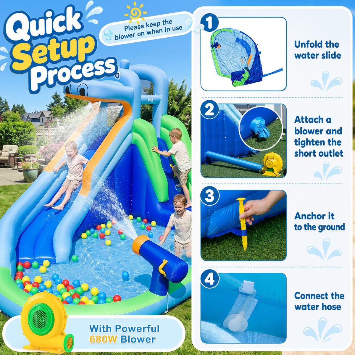 Hippo Inflatable Water Slide, Climbing Wall, 680W Blower Bounce House at Gallery Canada