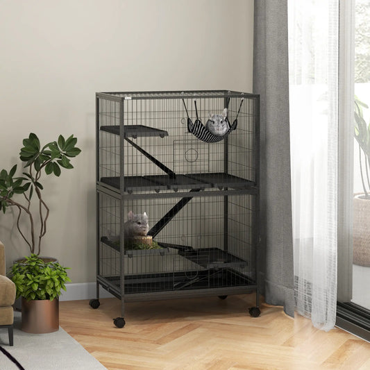 Cage à animaux petits 5 niveaux roulante, Cage pour cochon d'Inde, Cage pour furet, Gris