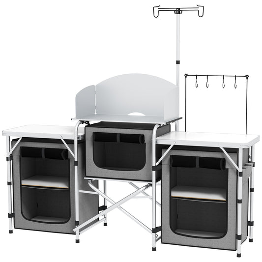 Aluminum Camping Kitchen, Portable Folding Camping Table with Fabric Cupboards, Windshield, Bag for BBQ, Picnic, Grey - Gallery Canada
