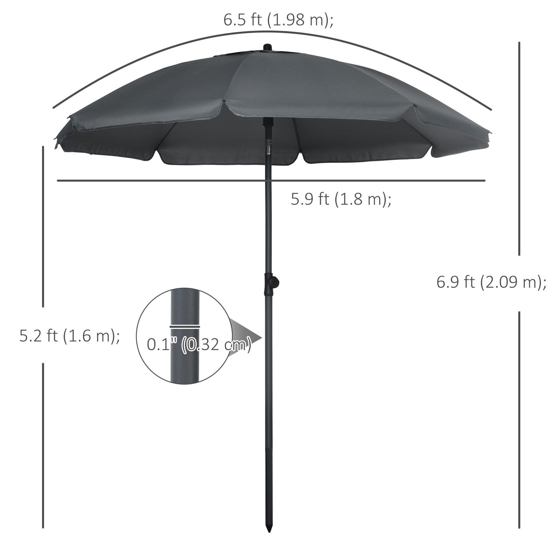 6ft Beach Umbrella, Outdoor Sun Shade Parasol with Push Button Tilt, Ruffled UV50+ Vented Canopy, Dark Grey at Gallery Canada