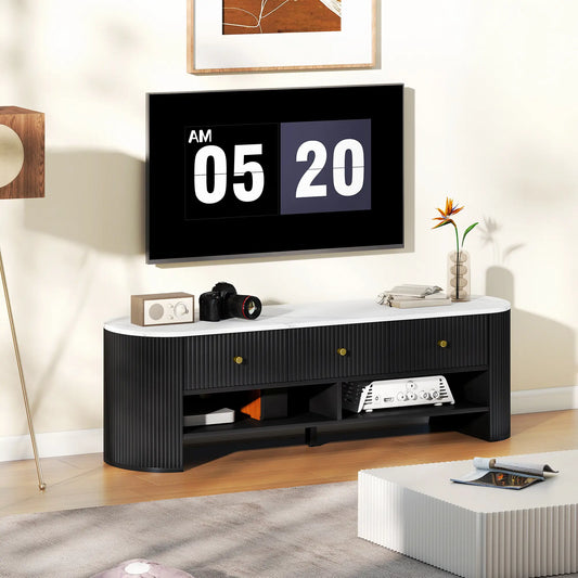 Modern TV Stand, Marble-Effect Top, 3 Drawers, 2 Shelves, 32-65 Inch, Black TV Stands Black, White at Gallery Canada