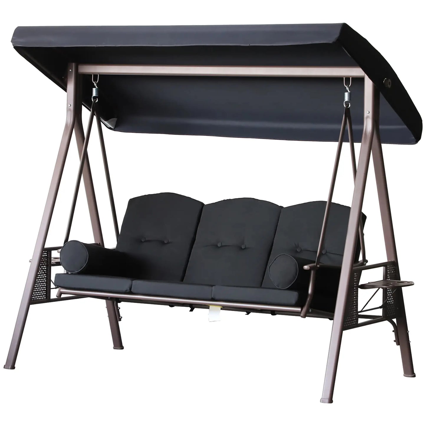 3-Person Steel Canopy Swing, Cushioned Seat, Side Trays, Black Patio Swings with Stand at Gallery Canada