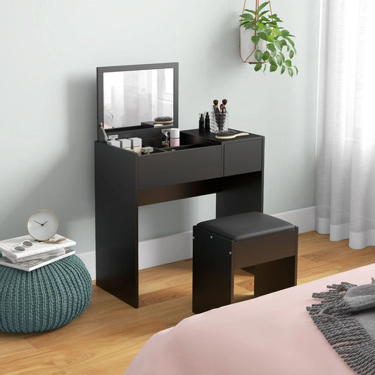 Modern Vanity Set with Flip Top Mirror, Cushioned Stool, Black Dressing & Vanity Tables Black at Gallery Canada