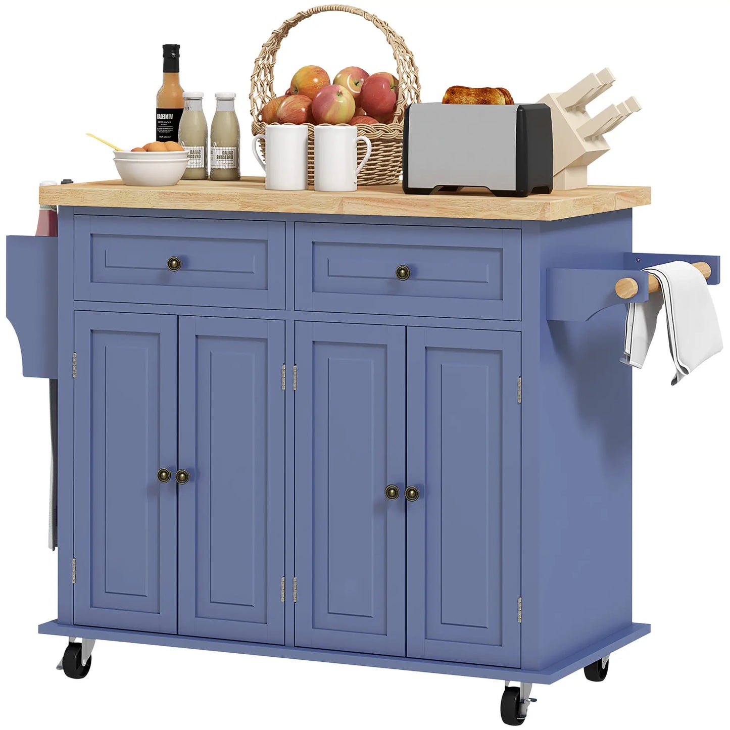 Kitchen Island with Storage, Rolling Cart, Rubber Wood Top, Navy Blue Kitchen Islands & Kitchen Carts at Gallery Canada