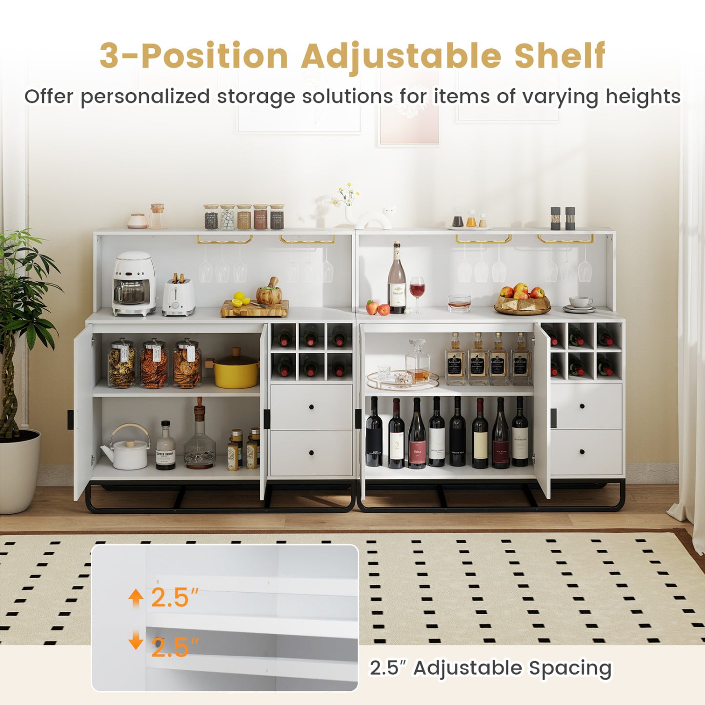 Bar Cabinet with Wine Rack & Glass Holder, White