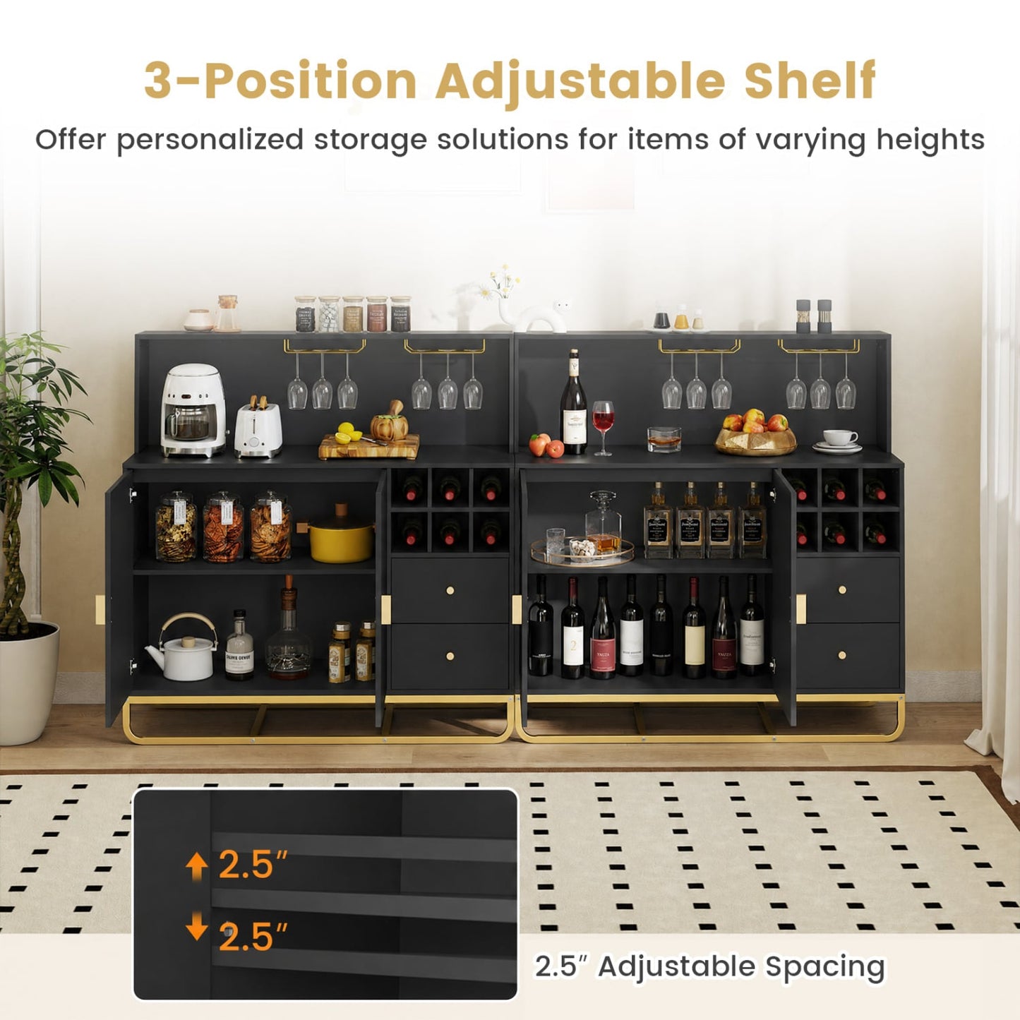 Armoire de bar à domicile avec porte-bouteilles de vin, porte-verres, noir