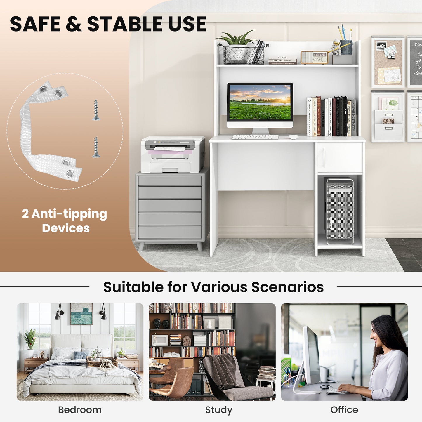 Home Office Desk with Raised Display Shelf and 2 Open Shelves, White Computer Desks at Gallery Canada