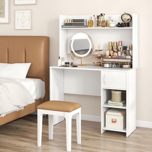 Home Office Desk with Raised Display Shelf and 2 Open Shelves, White Computer Desks White at Gallery Canada