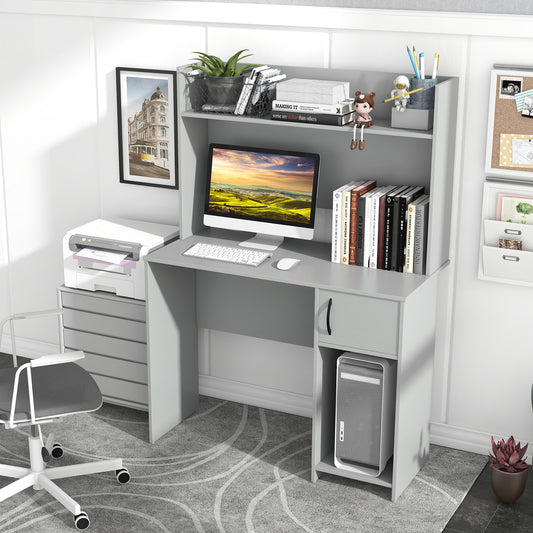 Home Office Desk with Raised Display Shelf and 2 Open Shelves, Gray Office Desks Gray at Gallery Canada