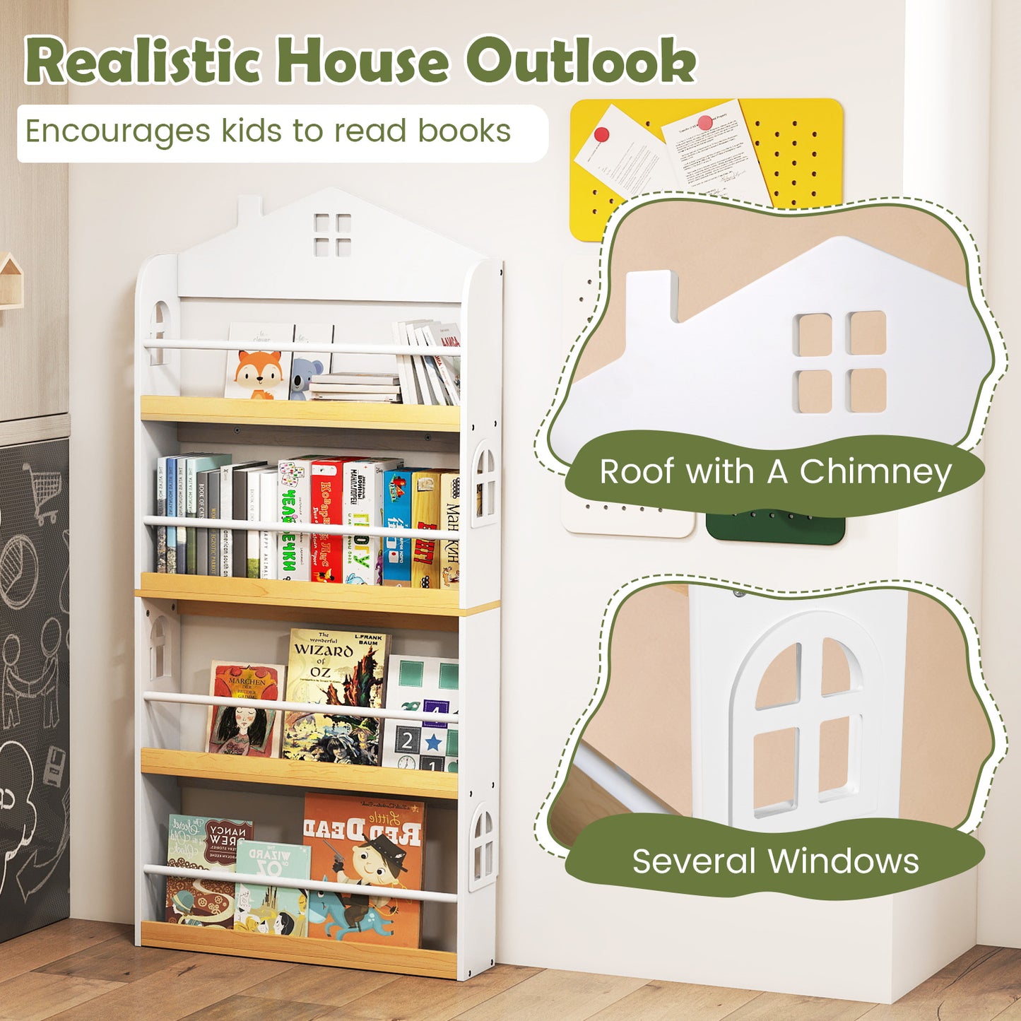 House-Shaped Kids Bookshelf with Anti-falling Baffles, White Kids Storage at Gallery Canada