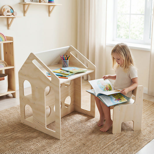 House-shaped Wooden Activity Kids Table Chair Set, Natural Art Easels Natural at Gallery Canada