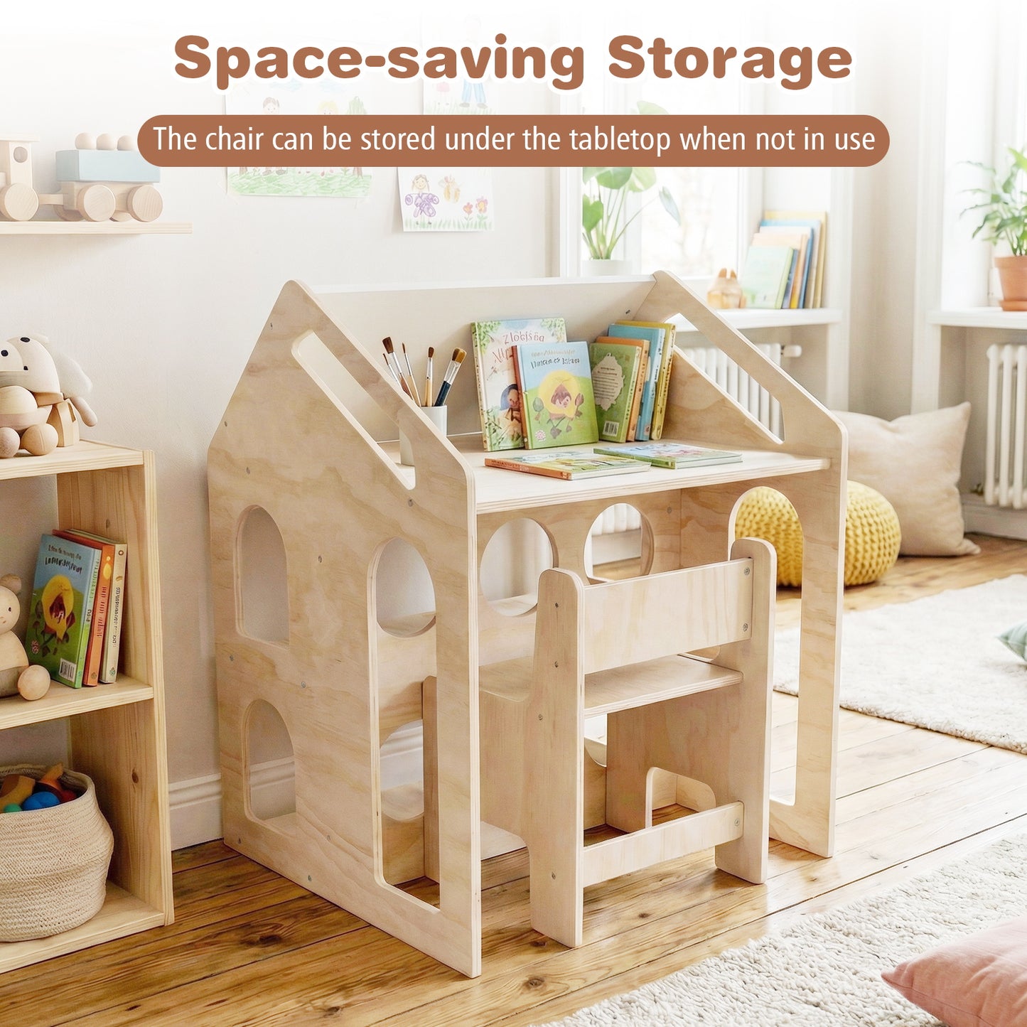 House-shaped Wooden Activity Kids Table Chair Set, Natural Art Easels at Gallery Canada