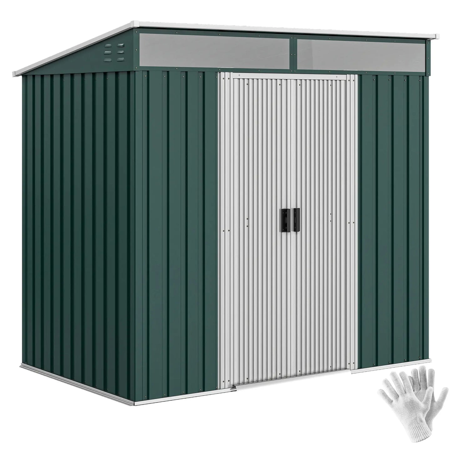6.5x4FT Galvanised Metal Shed, Foundation Kit, Sliding Doors, Vents, Green