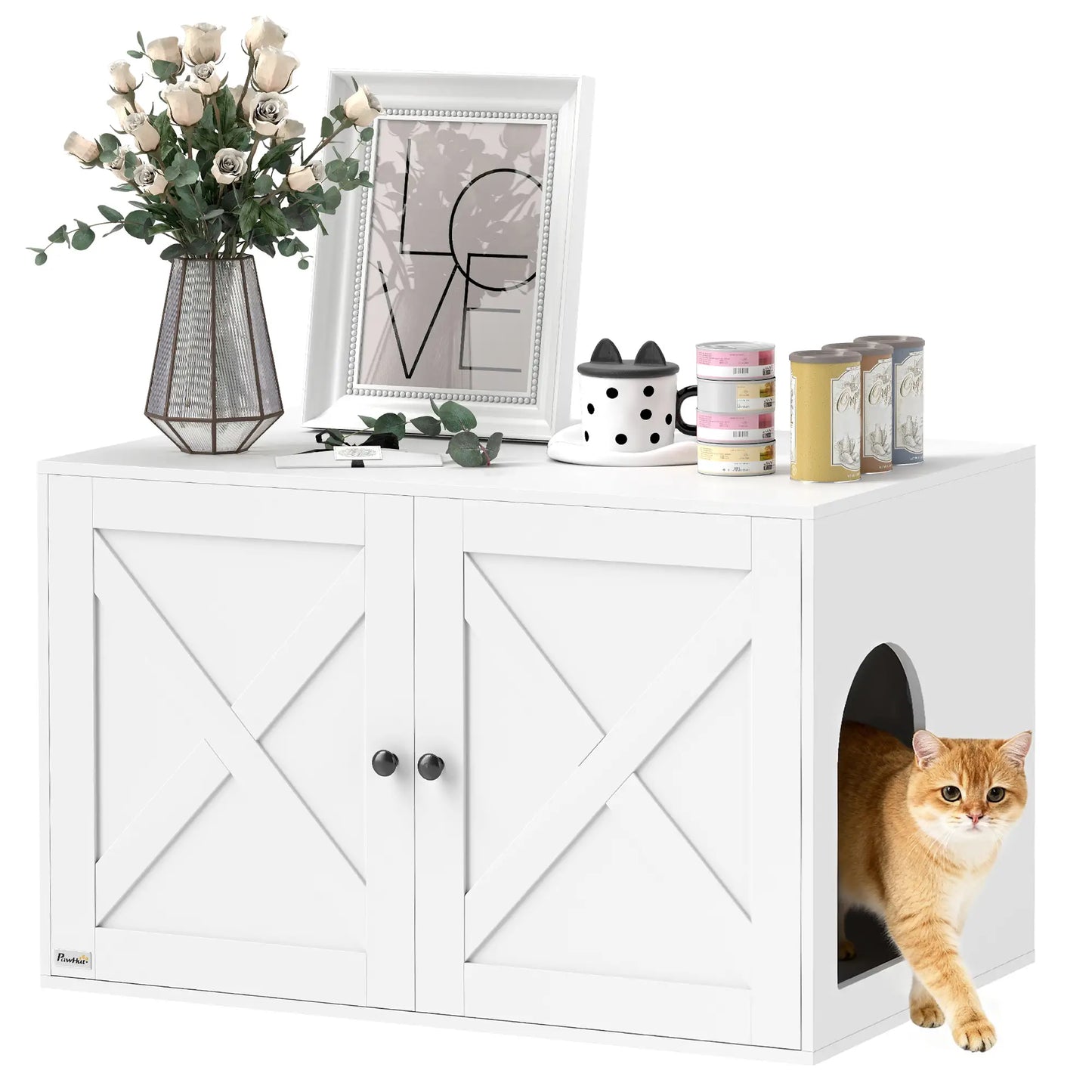 Cat Litter Box Enclosure, Double Doors, Handles, 31.5" x 21" x 20", White Cat Litter Box Enclosures at Gallery Canada