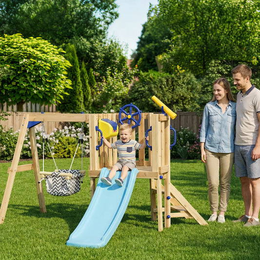 Wooden Kids Swing Set With Slide, Swing Seat, Captain's Wheel, Telescope, Natural Gym Sets & Swings Natural, Blue, Yellow at Gallery Canada