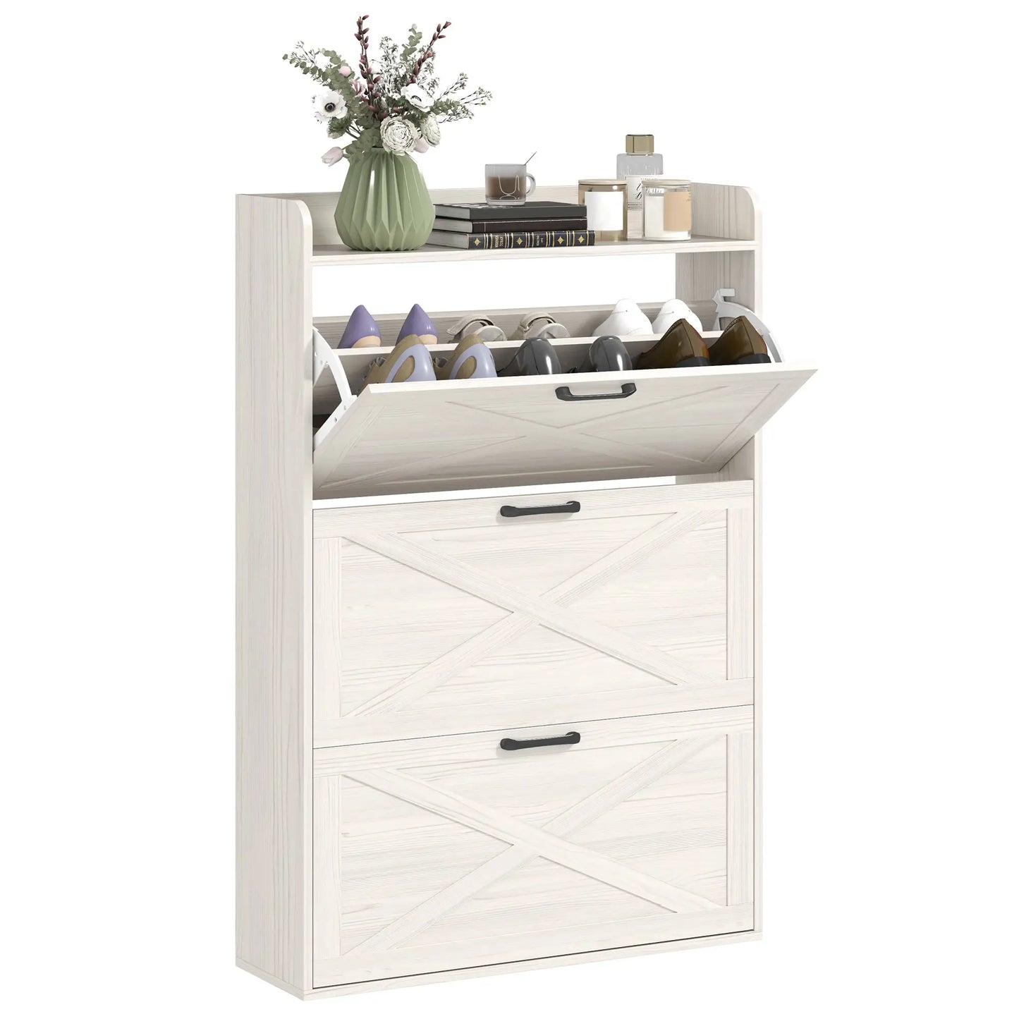 Narrow Shoe Storage Cabinet, 3 Flip Drawers, Adjustable Shelves, White Oak Shoe Storage Cabinets & Racks at Gallery Canada