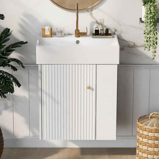 Floating Bathroom Vanity, Ceramic Basin, Right Storage, Rose Gold Handle, 21.5" L x 12" W x 26.5" H, White Sink Cabinets White at Gallery Canada