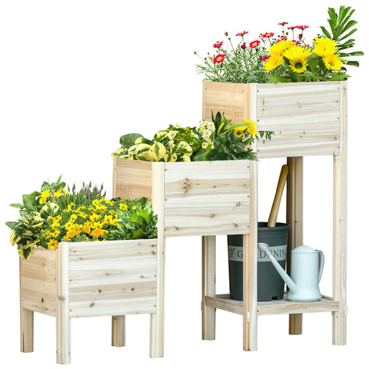 49'' x 18'' x 43'' 3-Tier Raised Garden Bed w/ Storage Shelf and Drainage Hole, Wood Elevated Planter Box Kit, Freestanding Wooden Plant Stand for Vegetables, Herb and Flowers at Gallery Canada