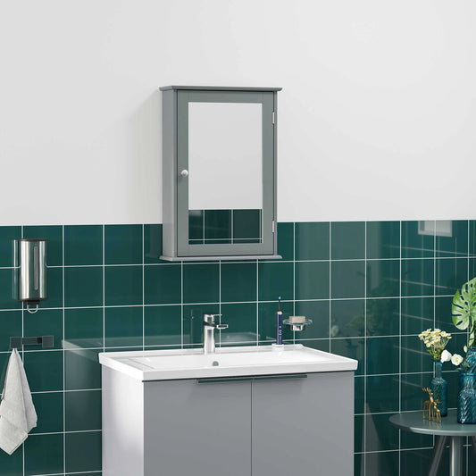 Armoire de salle de bain murale avec miroir, avec porte et étagères, grise