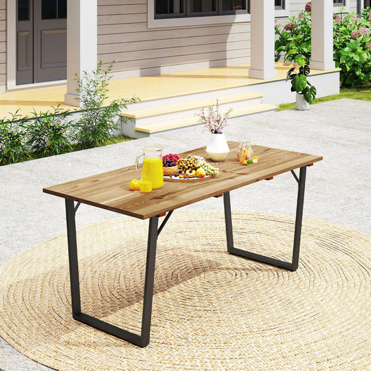 Wooden Outdoor Dining Table for 6, 2" Umbrella Hole, Slatted Tabletop, Metal Frame Patio Dinning Tables Brown, Black at Gallery Canada