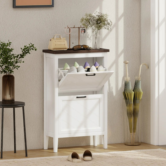 Shoe Cabinet with 2 Flip Drawers, Farmhouse Narrow Shoe Storage Cabinet with Adjustable Shelves, White Shoe Storage Cabinets & Racks White, Brown, Black at Gallery Canada