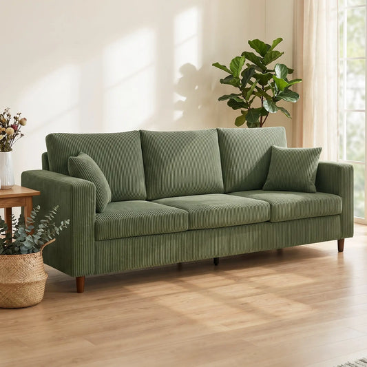 3 Seater Corduroy Sofa, Deep Seat Spring Cushion, Green 3-Seater Sofas Green, Black at Gallery Canada