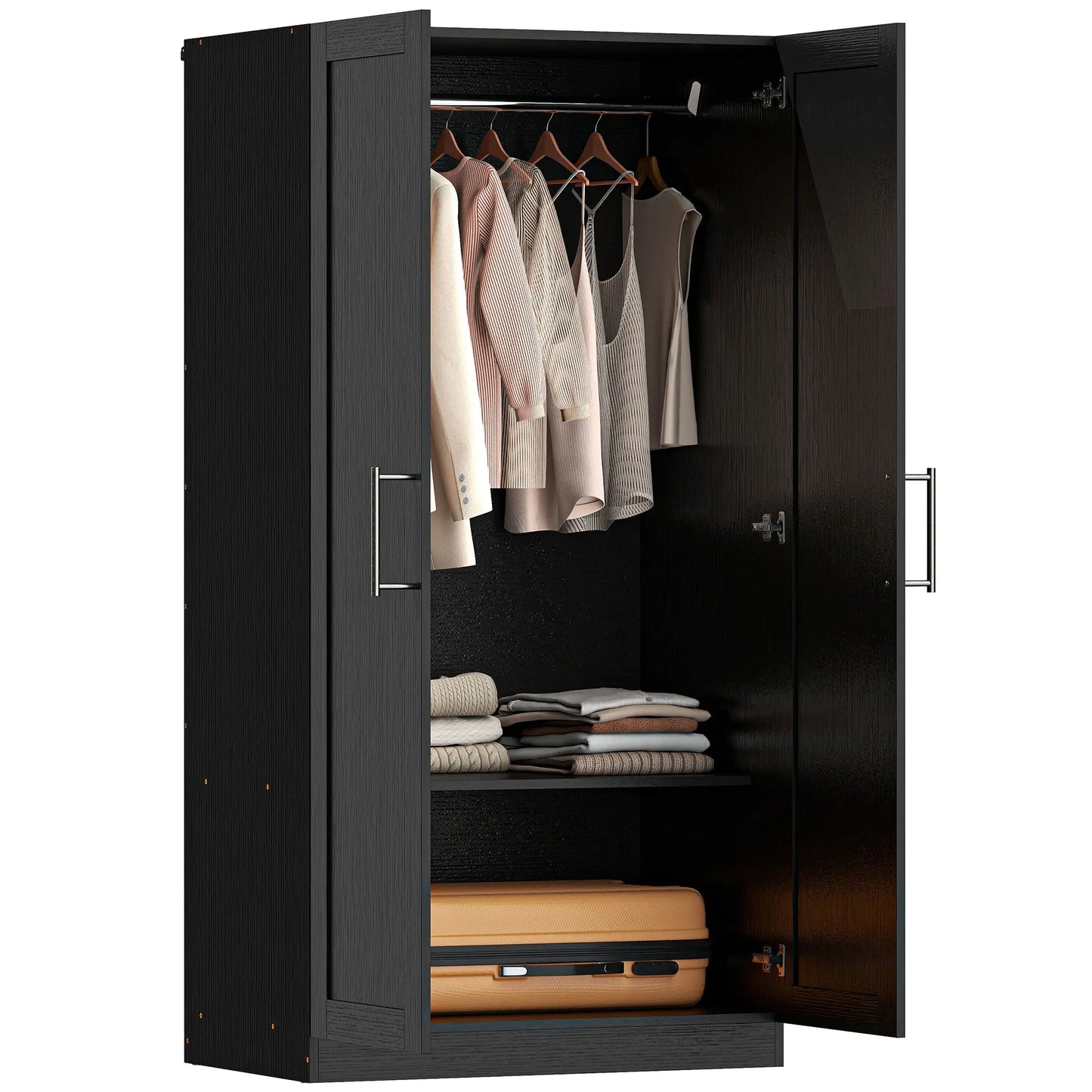 Modern Armoire Wardrobe Cabinet, 2 Doors With Hanging Rod, Black Wood Effect, Black Clothing Storage at Gallery Canada