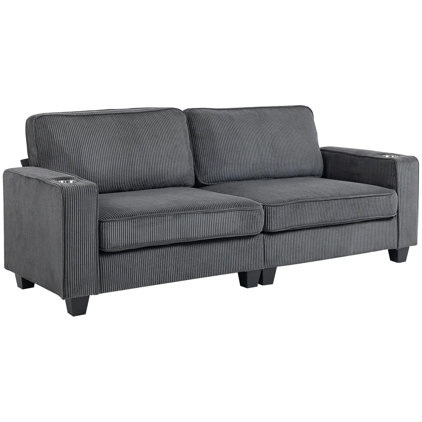Three Seater Sofa, Fabric Couch with Spring Cushion, Cup Holders, Dark Grey 3-Seater Sofas at Gallery Canada