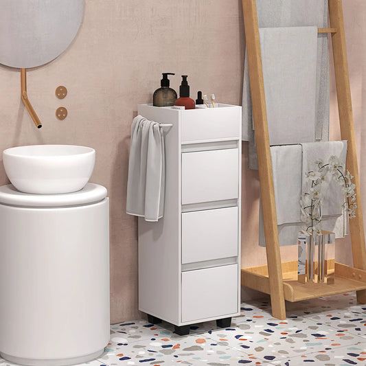 Slim Bathroom Cabinet, 4 Compartments, 3 Drawers, Towel Rack, White Freestanding Bathroom Cabinets White at Gallery Canada