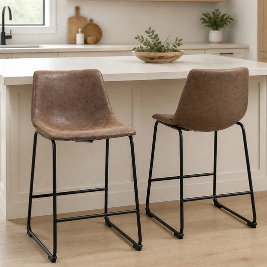 Vintage PU Leather Bar Stools, Set of 2, Counter Height, Brown Bar Stools Brown at Gallery Canada