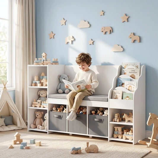 Kids Storage Shelf With Reading Nook, Toy Organizer, 3 Fabric Drawers, undefined Baby & Kids Storage White, Grey at Gallery Canada