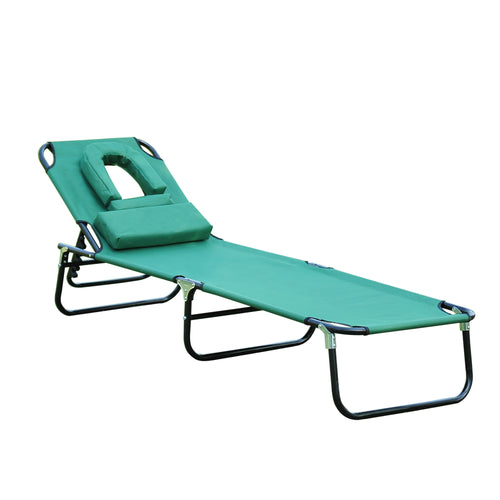 Adjustable Garden Sun Lounger w/ Reading Hole Outdoor Reclining Seat Folding Camping Beach Lounging Bed Green