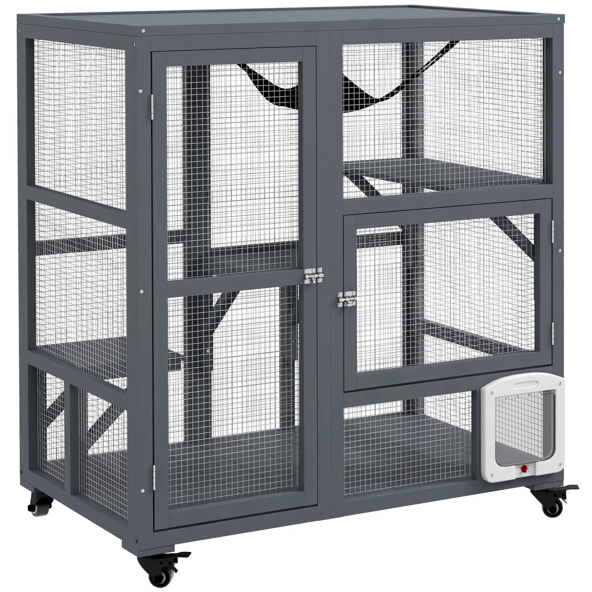 Wooden Cat Condo on Wheels, Cat Flap Door, Hammock, Light Grey Outdoor Cat Enclosures at Gallery Canada
