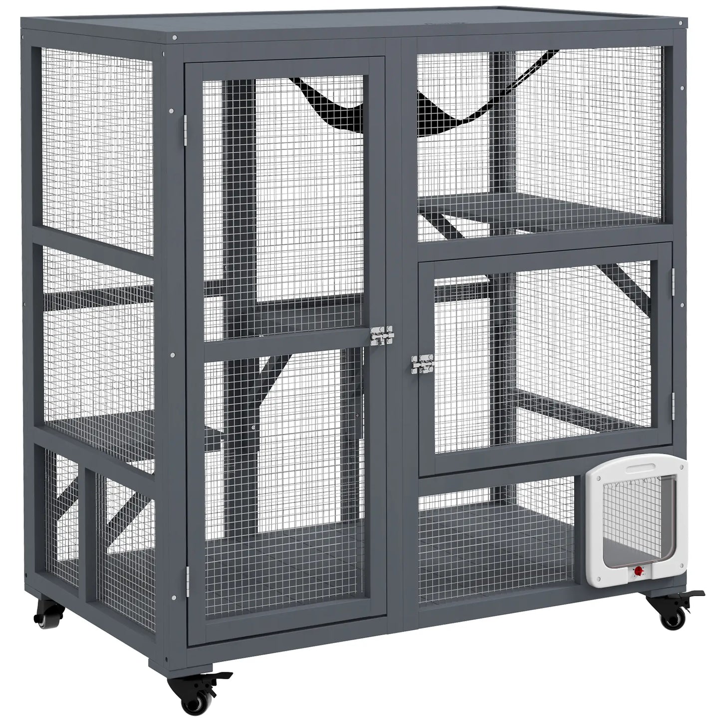 Wooden Cat Condo on Wheels, Cat Flap Door, Hammock, Light Grey Outdoor Cat Enclosures at Gallery Canada