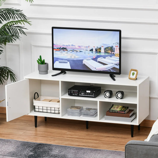 Modern TV Stand for 60 Inches, Storage Shelf, Cable Hole, White TV Stands White Body, Black Legs at Gallery Canada