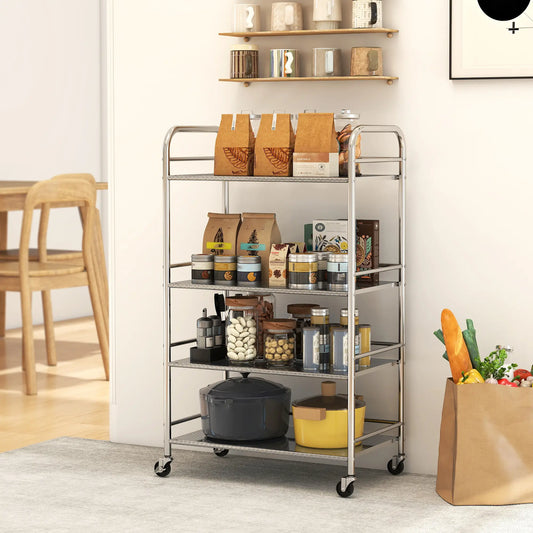 4 Tier Stainless Steel Rolling Cart, Adjustable Shelves, Wheels, Silver