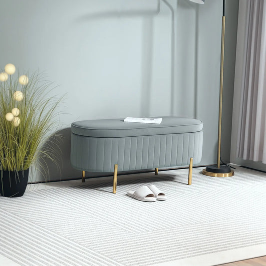 Upholstered Channel Tufted Ottoman Bench, Thick Padding, Metal Legs, Grey Storage Ottomans & Benches Grey at Gallery Canada