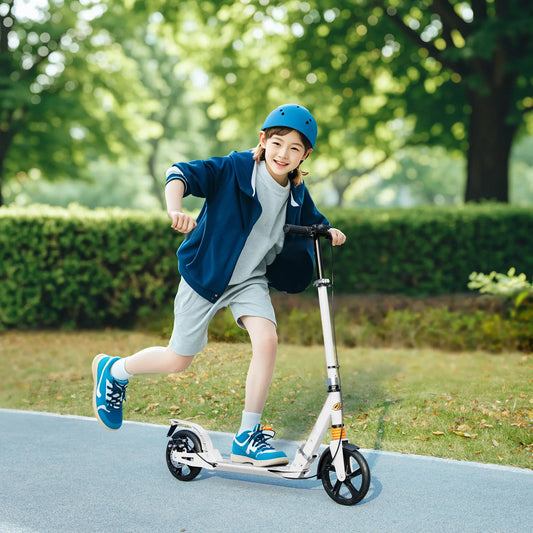 Foldable Kids Scooter, 4 Adjustable Heights, Double Brakes, Shock Absorption, Ages 6-12, White