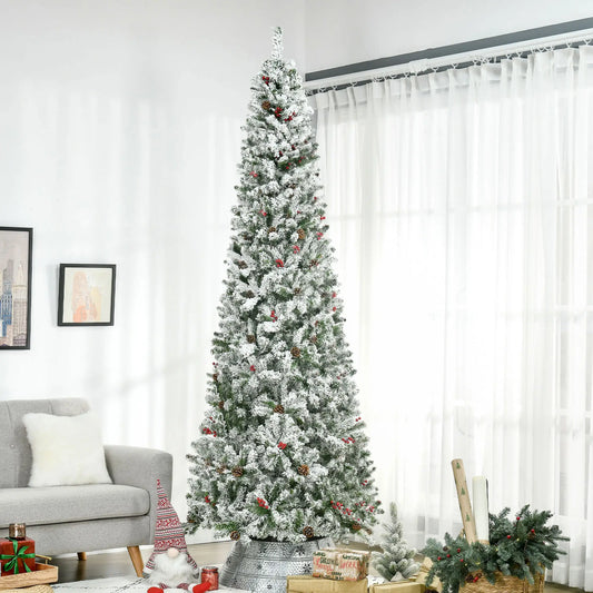 9-Foot Pencil Snow Flocked Artificial Christmas Tree, 1350 Pine Branches, Pine Cones, Red Berries, Auto Open, Green Pencil Christmas Trees Green, White at Gallery Canada