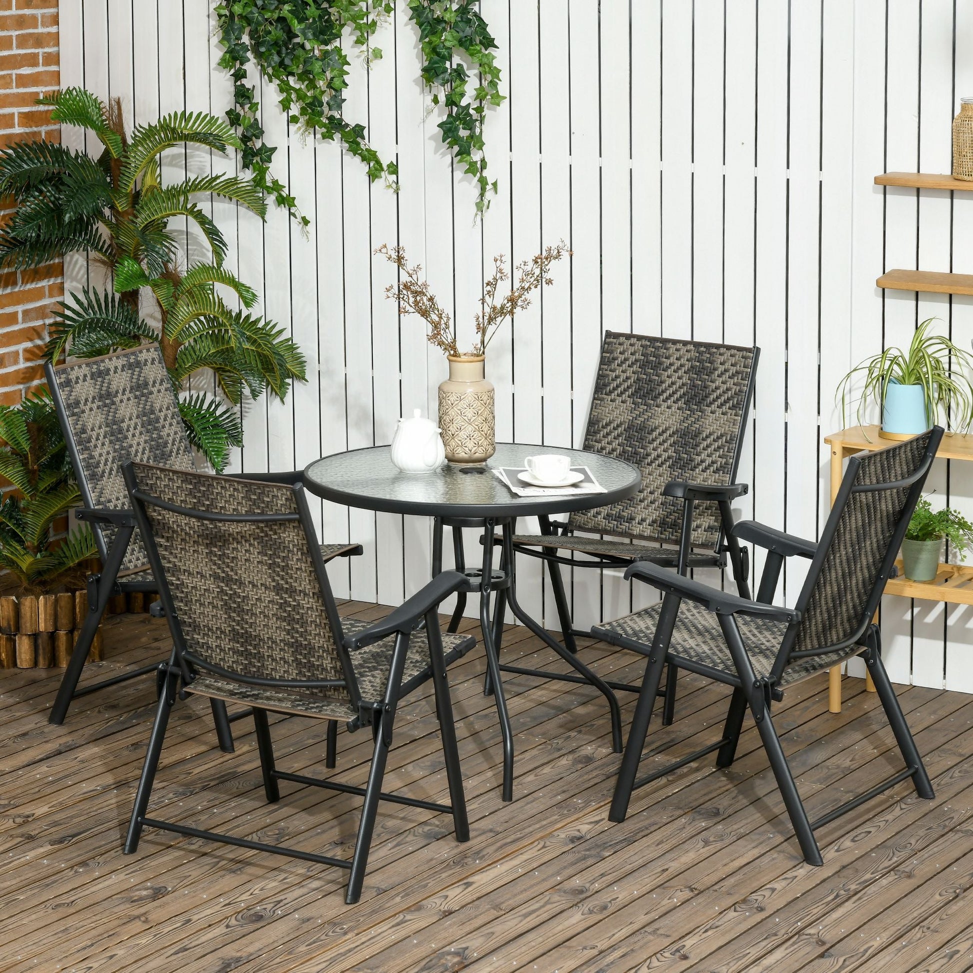 5 Pieces Wicker Patio Dining Set, Φ31.5" Round Glass Top Garden Dining Table with Umbrella Hole, Outdoor PE Rattan Folding Armchair for Outdoors, Camping, Mixed Gray at Gallery Canada