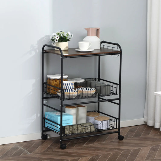 3-Tier Rolling Kitchen Cart, 2 Basket Drawers, Lockable Casters Kitchen Islands & Kitchen Carts Rustic Brown at Gallery Canada