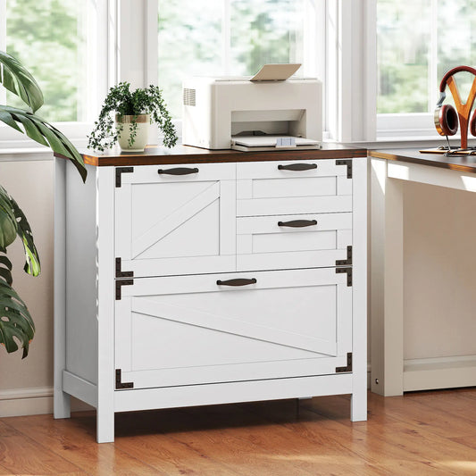 Lateral Filing Cabinet, 4 Drawers, Fits Letter/A4/Legal Files, White Office Cabinets & Cupboards White, Rustic Brown at Gallery Canada