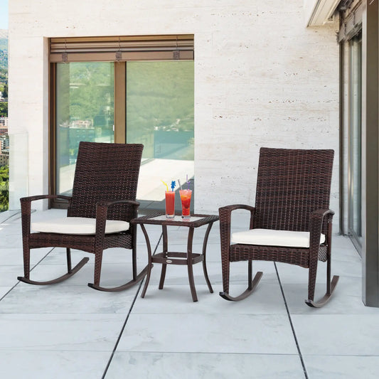 3-Piece PE Rattan Rocking Chair Set, Outdoor Bistro, Cream White Outdoor Rocking Chairs Brown Wicker, Cream White Cushion at Gallery Canada
