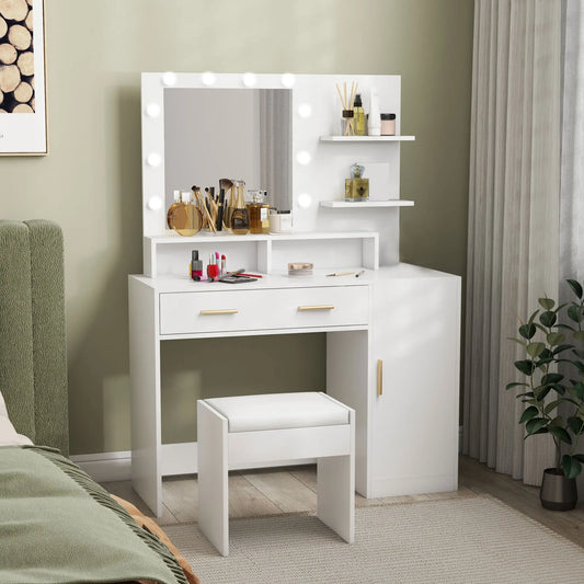 LED Dressing Table Set with Stool, Mirror, Drawer, Shelves Dressing & Vanity Tables White at Gallery Canada