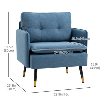 Accent Chair with Cushioned Seat and Back, Upholstered Fabric Armchair for Bedroom, Button Tufted Living Room Chair with Arms and Steel Legs, Blue at Gallery Canada