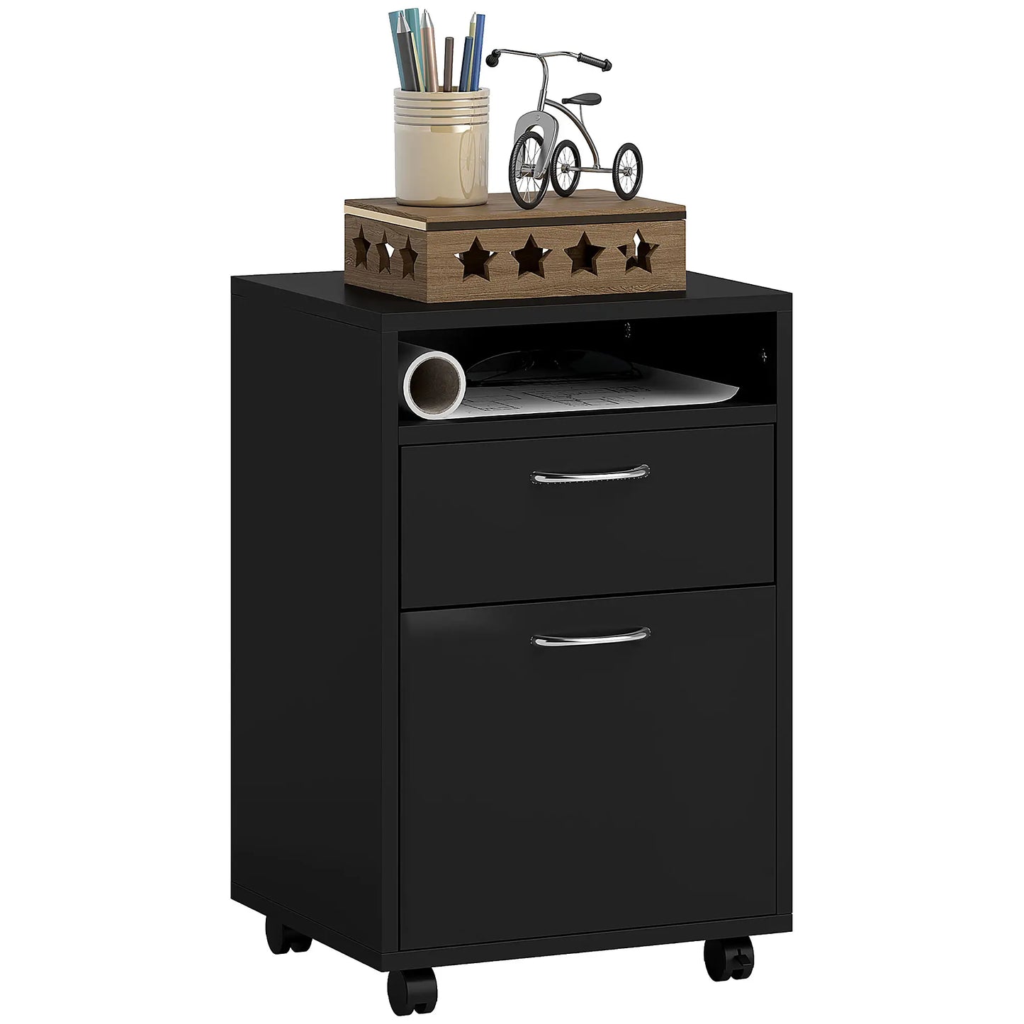 24" Small Filing Cabinet, Open Compartment, Drawer, Wheels, Black Office Cabinets & Cupboards at Gallery Canada