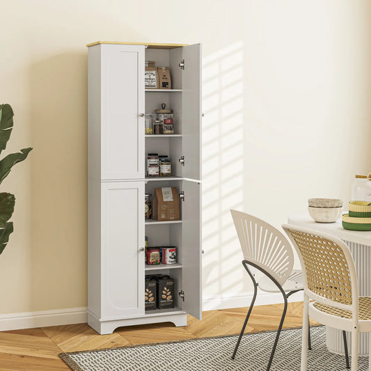 72" Tall Pantry Cabinet, Adjustable Shelves, 4 Doors, White Storage Cabinets White, Natural at Gallery Canada